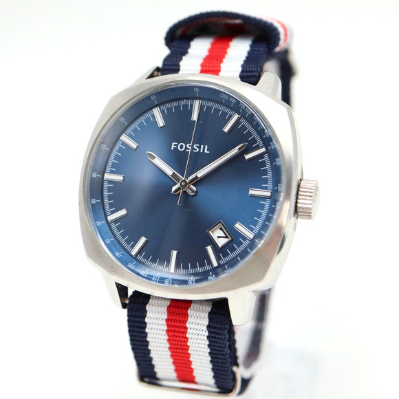 Vintage Fossil Large Dial 43mm Blue Date Dial Silver Tone Canvas Strap PR5462 - Picture 1 of 15